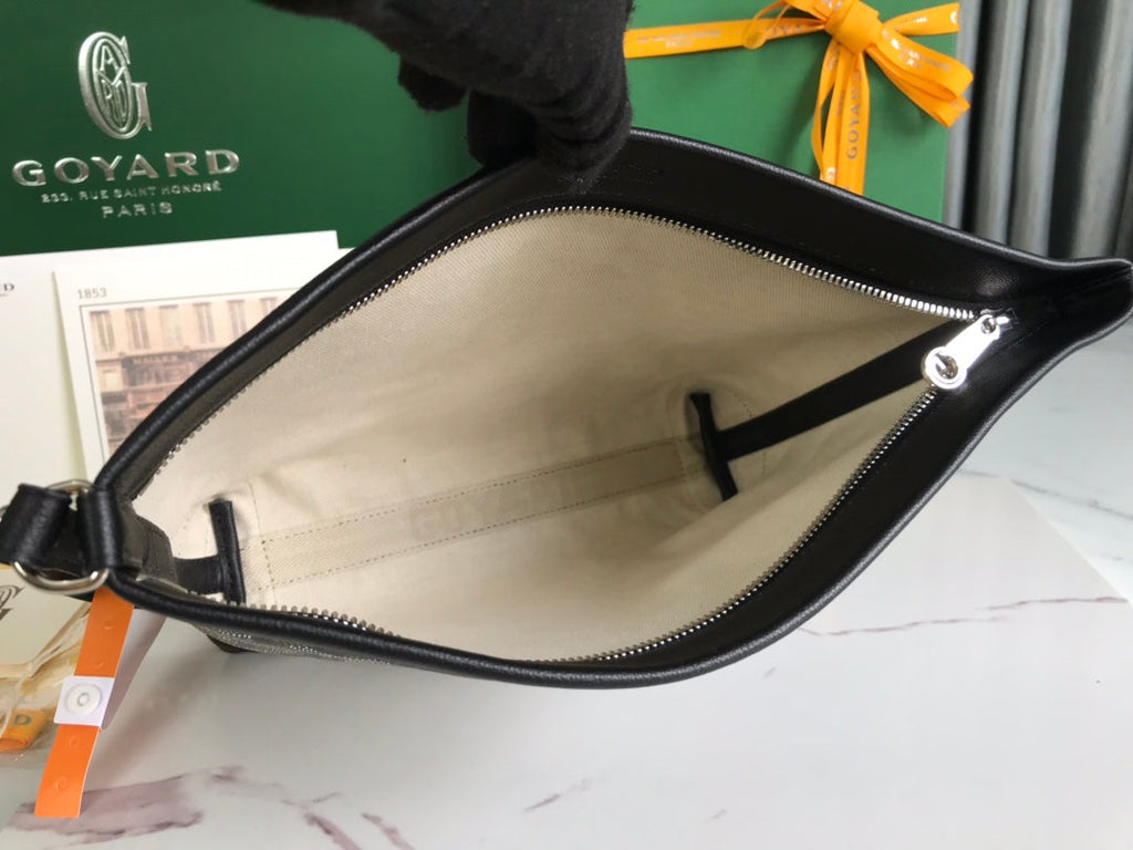 GOYARD CONTI POUCH 24 IN BLACK LAMBSKIN AND GOYARDINE CANVAS
