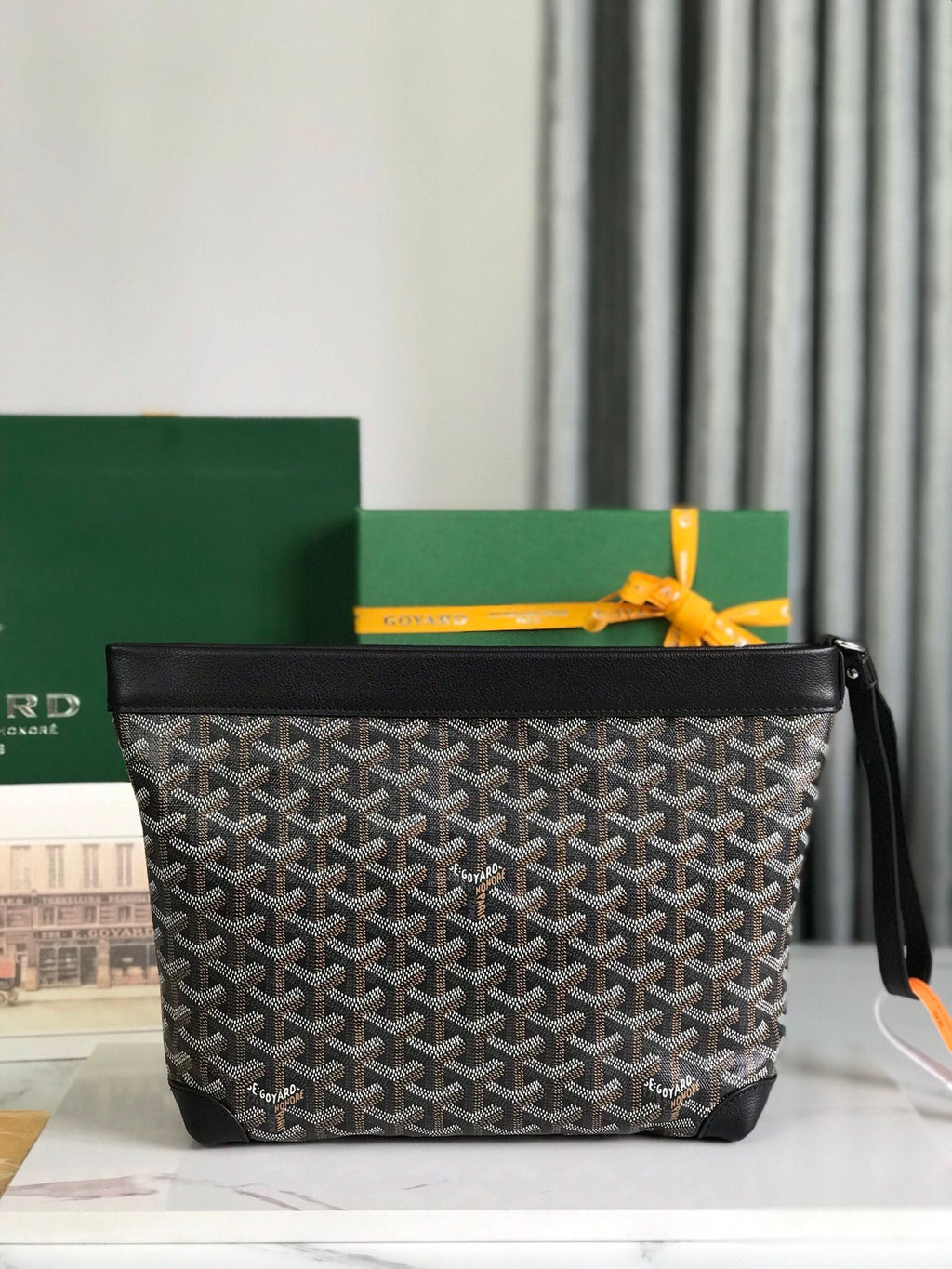 GOYARD CONTI POUCH 24 IN BLACK LAMBSKIN AND GOYARDINE CANVAS