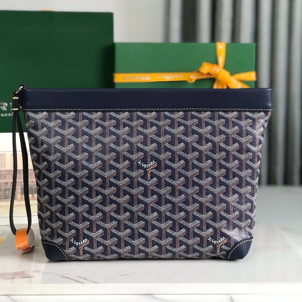 GOYARD CONTI POUCH 24 IN NAVY BLUE LAMBSKIN AND GOYARDINE CANVAS