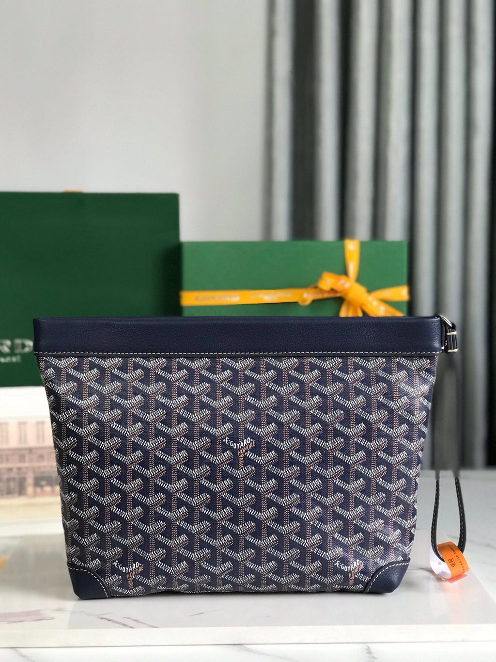 GOYARD CONTI POUCH 24 IN NAVY BLUE LAMBSKIN AND GOYARDINE CANVAS
