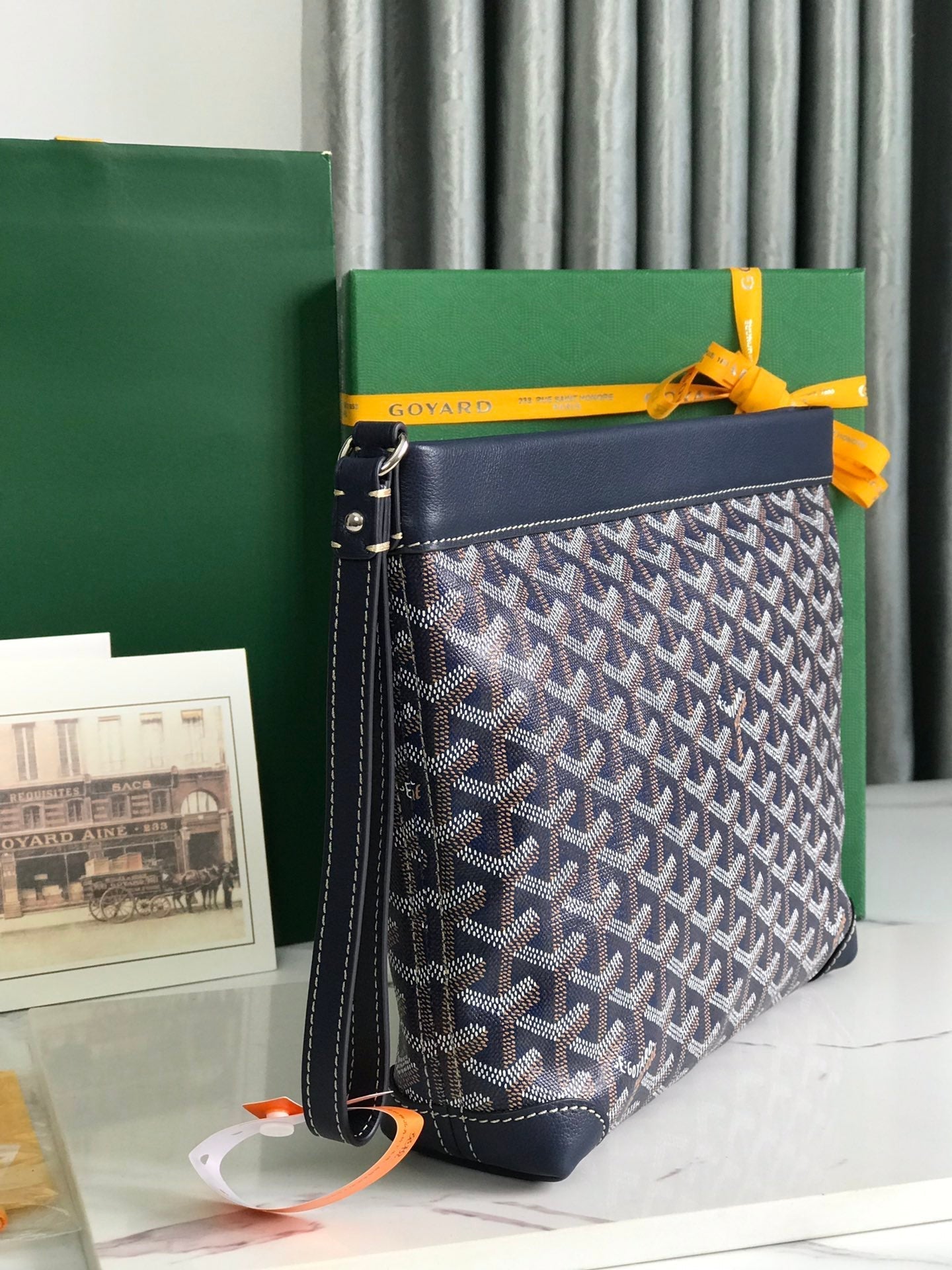 GOYARD CONTI POUCH 24 IN NAVY BLUE LAMBSKIN AND GOYARDINE CANVAS