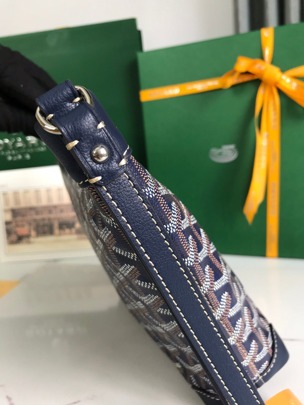 GOYARD CONTI POUCH 24 IN NAVY BLUE LAMBSKIN AND GOYARDINE CANVAS