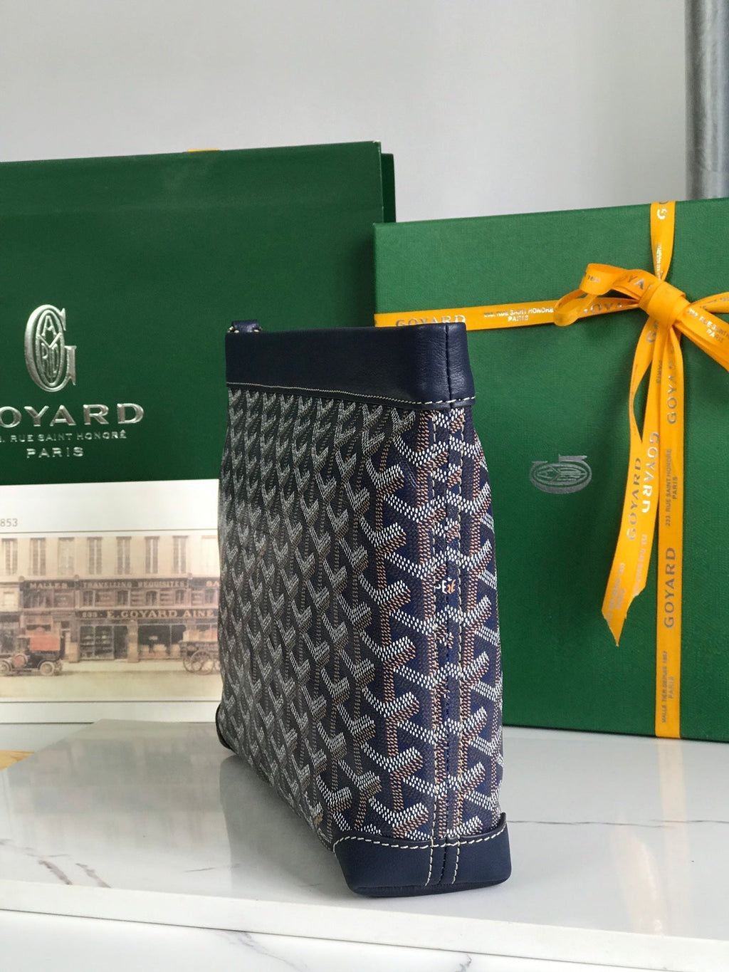 GOYARD CONTI POUCH 24 IN NAVY BLUE LAMBSKIN AND GOYARDINE CANVAS