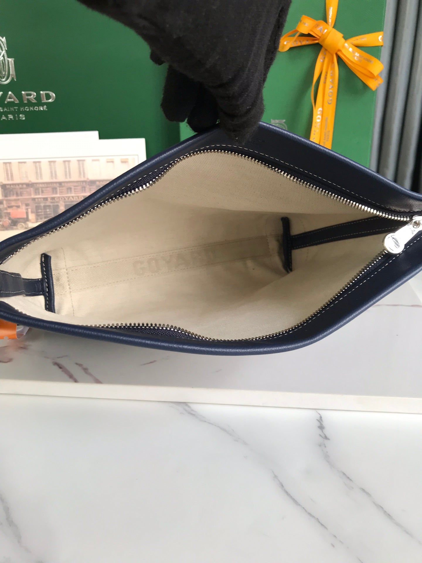 GOYARD CONTI POUCH 24 IN NAVY BLUE LAMBSKIN AND GOYARDINE CANVAS