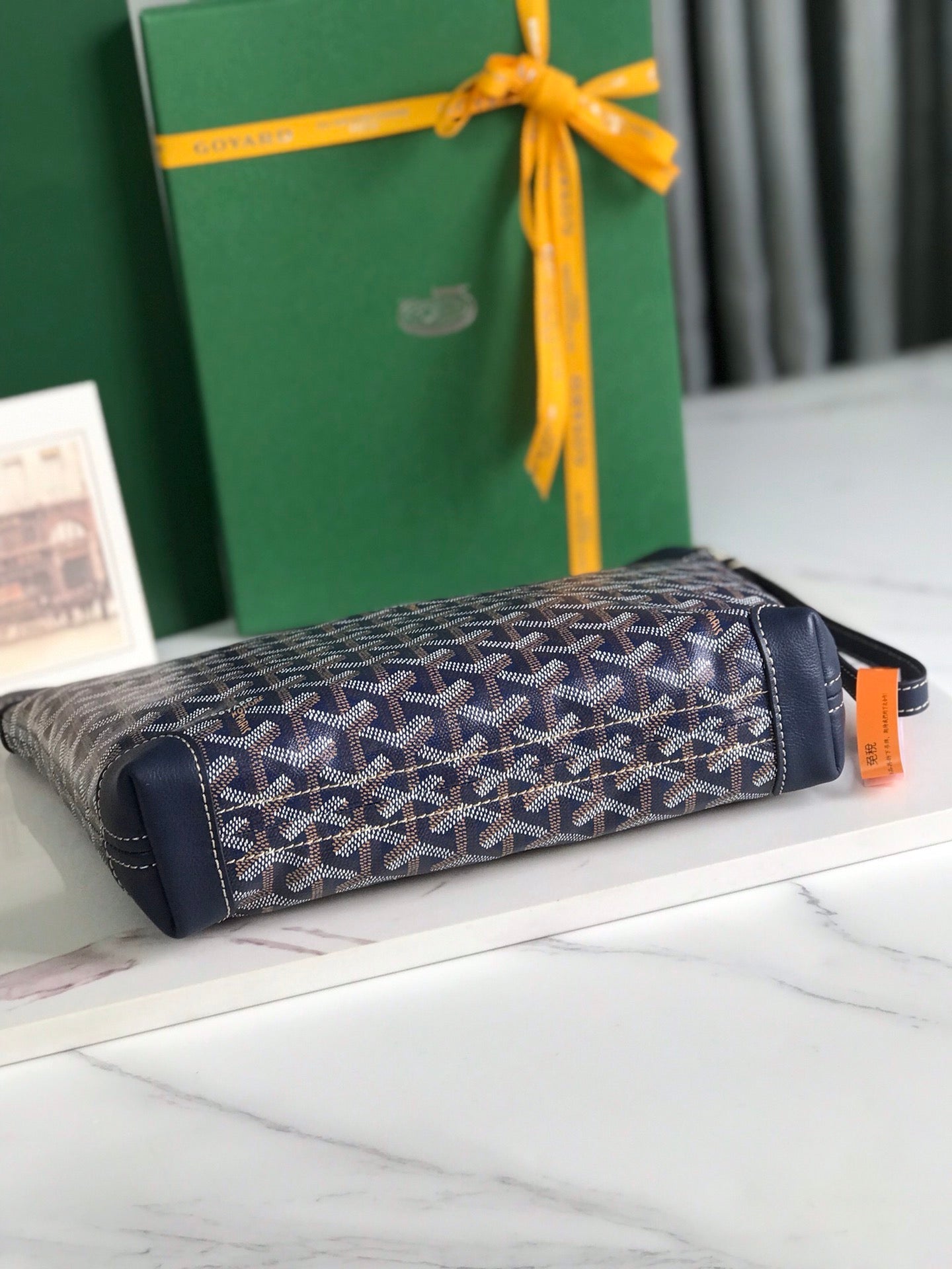GOYARD CONTI POUCH 24 IN NAVY BLUE LAMBSKIN AND GOYARDINE CANVAS