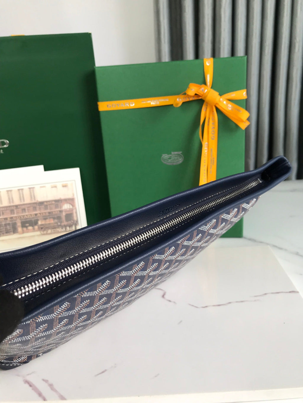 GOYARD CONTI POUCH 24 IN NAVY BLUE LAMBSKIN AND GOYARDINE CANVAS