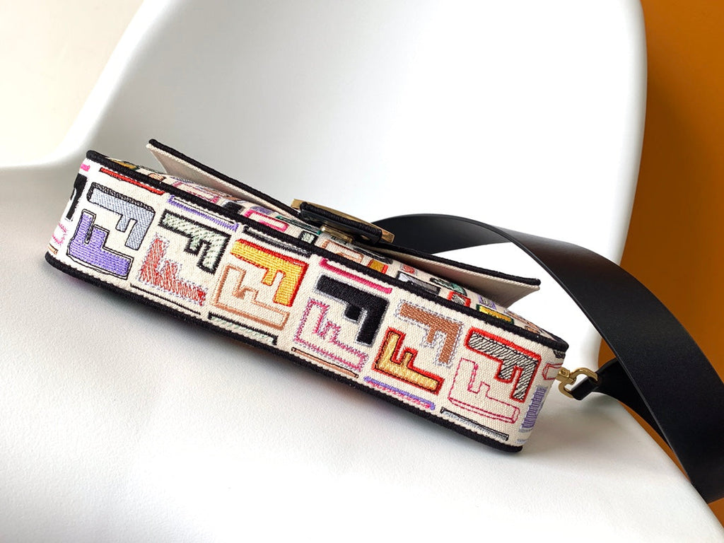 FENDI Fend Baguette Black and Multicolour Canvas Bag 27 with FF Embroidery Ghw