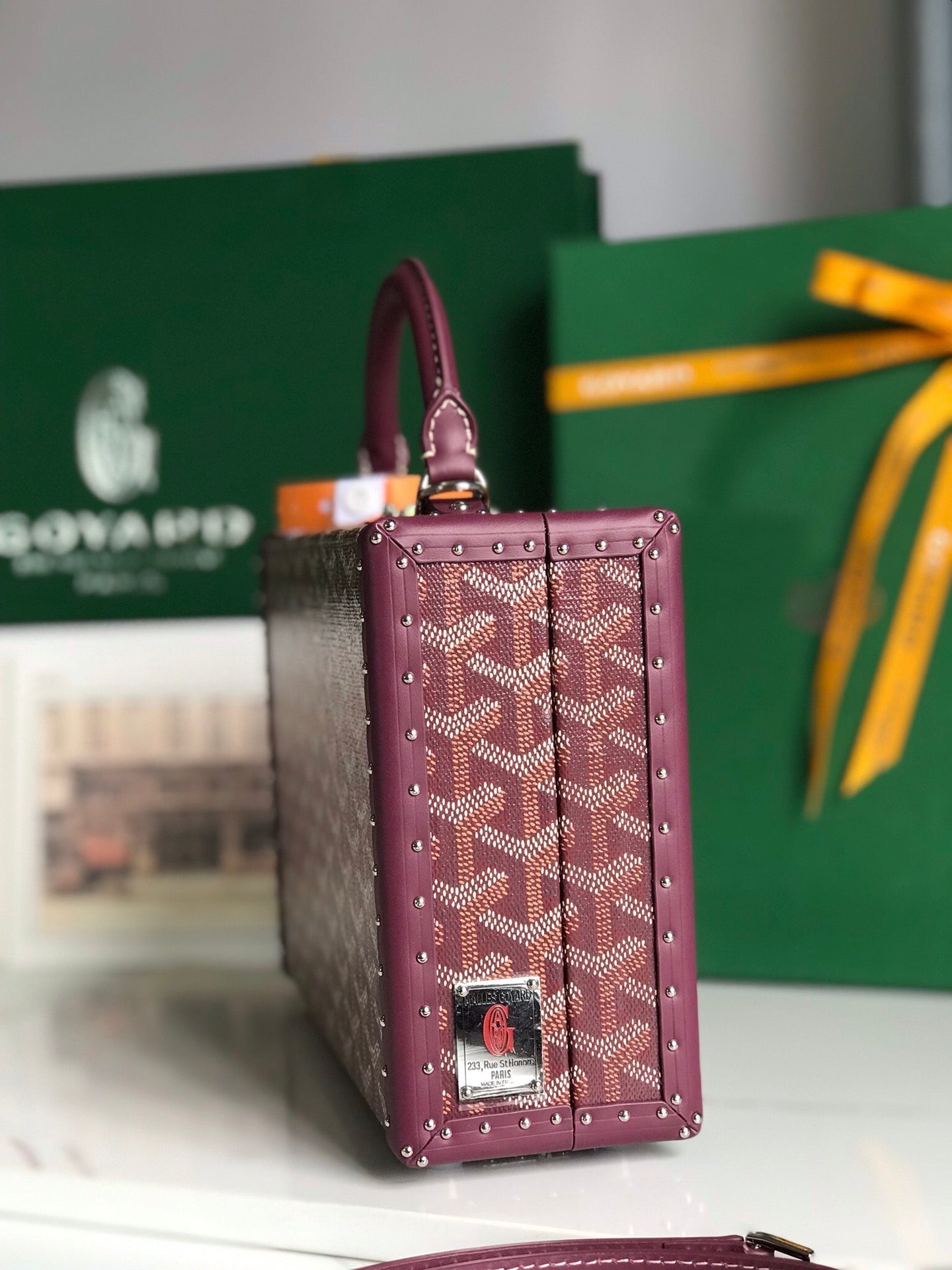 GOYARD GRAND HÔTEL TRUNK BAG 24 IN BURGUNDY RED GOYARDINE CANVAS AND CALFSKIN