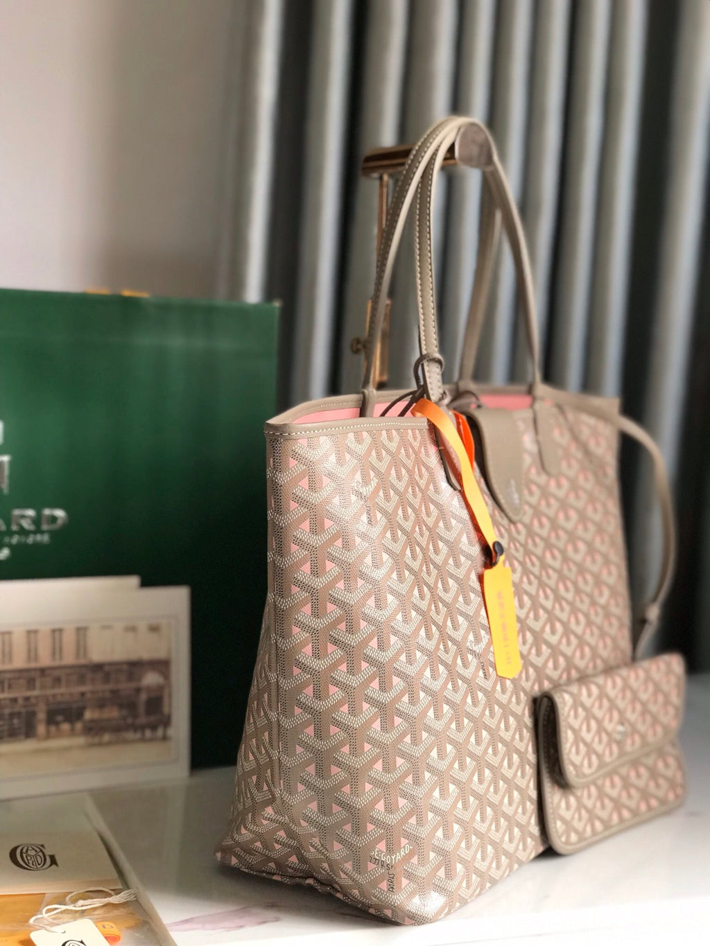 GOYARD SAINT LOUIS PM 34 IN GREY MIX PINK GOYARDINE CANVAS AND CALFSKIN