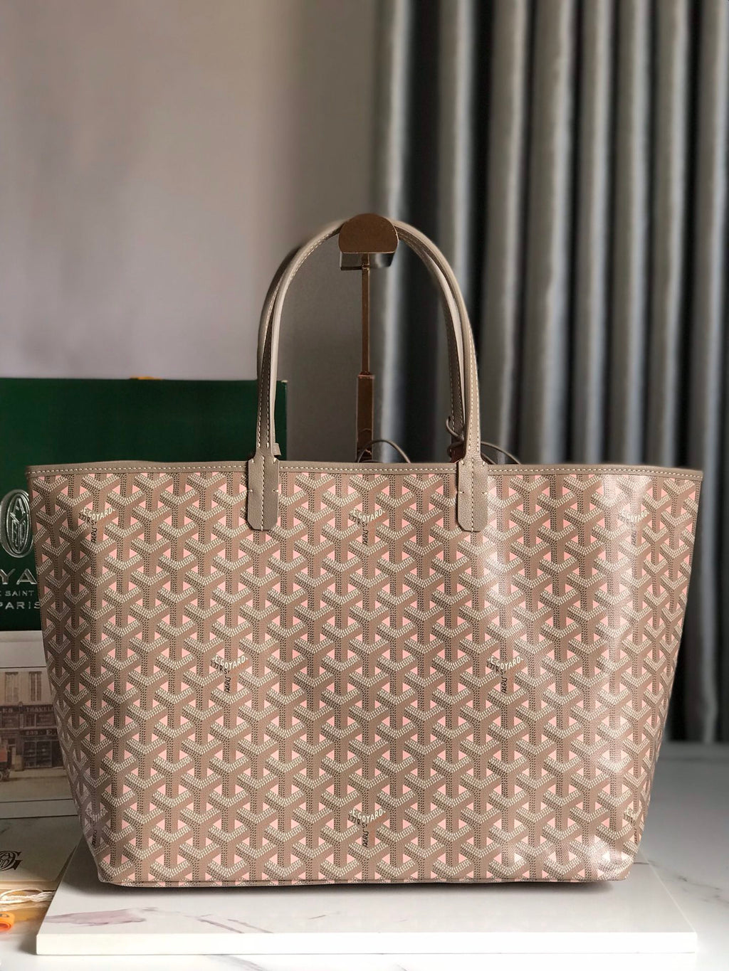 GOYARD SAINT LOUIS PM 34 IN GREY MIX PINK GOYARDINE CANVAS AND CALFSKIN