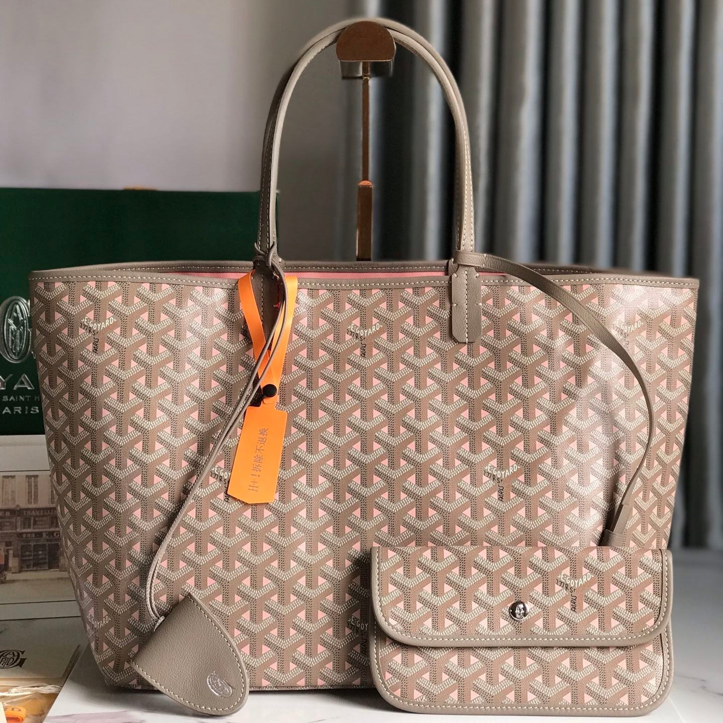 GOYARD SAINT LOUIS PM 34 IN GREY MIX PINK GOYARDINE CANVAS AND CALFSKIN