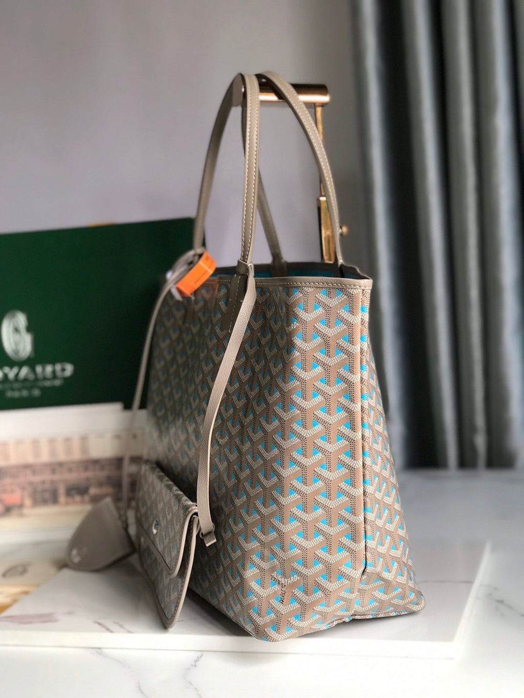 GOYARD SAINT LOUIS PM 34 IN GREY MIX BLUE GOYARDINE CANVAS AND CALFSKIN