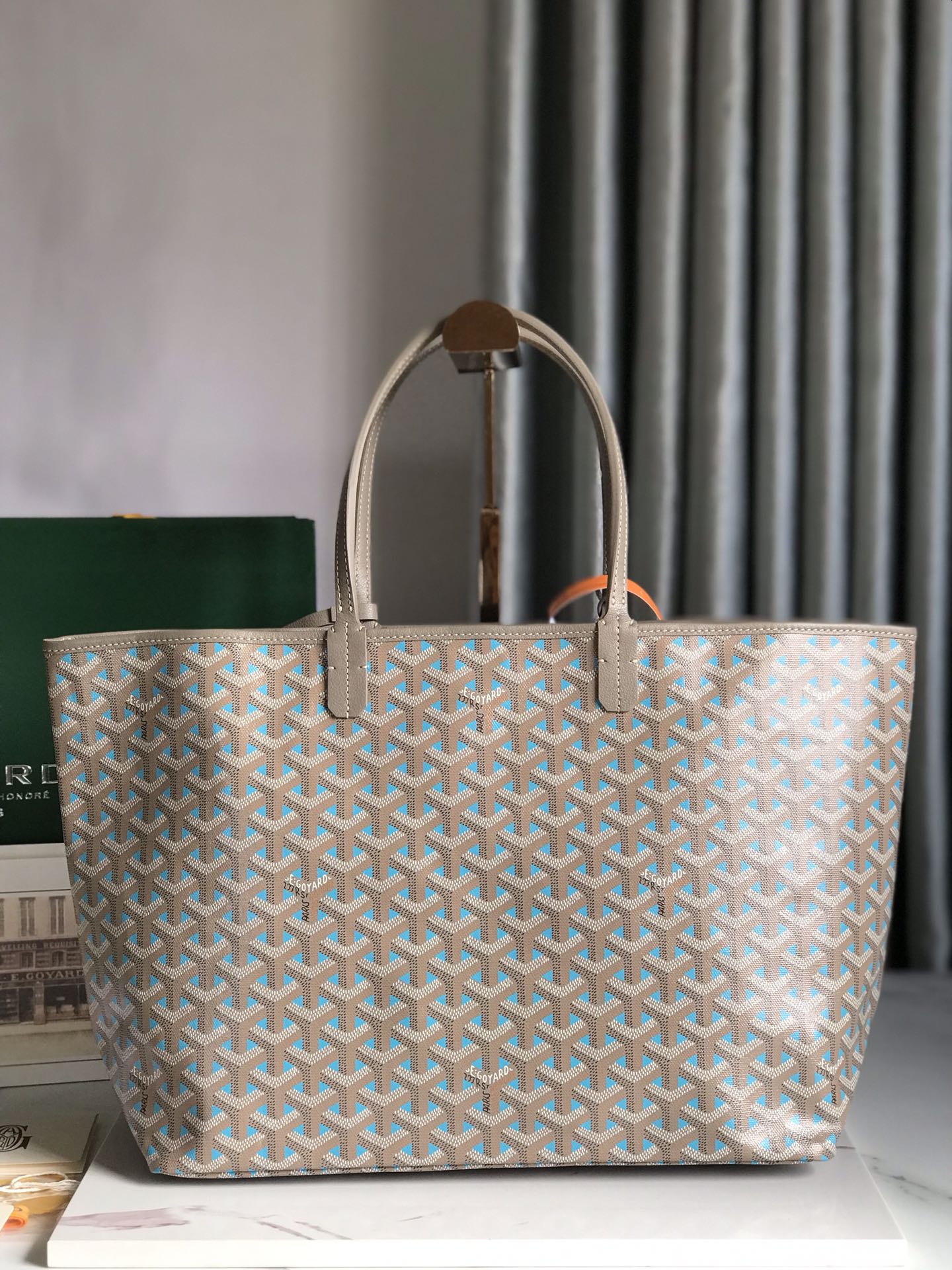 GOYARD SAINT LOUIS PM 34 IN GREY MIX BLUE GOYARDINE CANVAS AND CALFSKIN