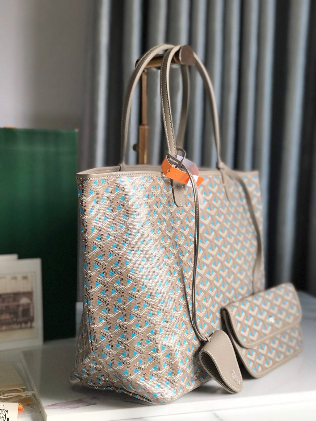 GOYARD SAINT LOUIS PM 34 IN GREY MIX BLUE GOYARDINE CANVAS AND CALFSKIN