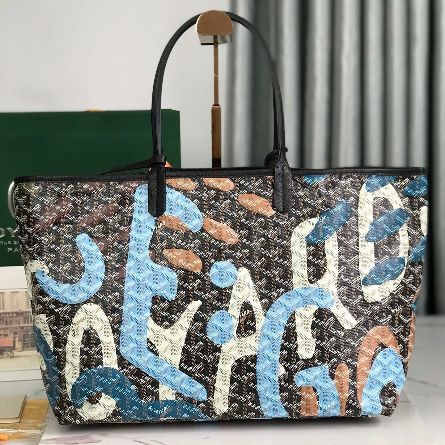 GOYARD SAINT LOUIS PM BAG 34 IN BLUE LETTRES CAMOUFLAGE GOYARDINE CANVAS