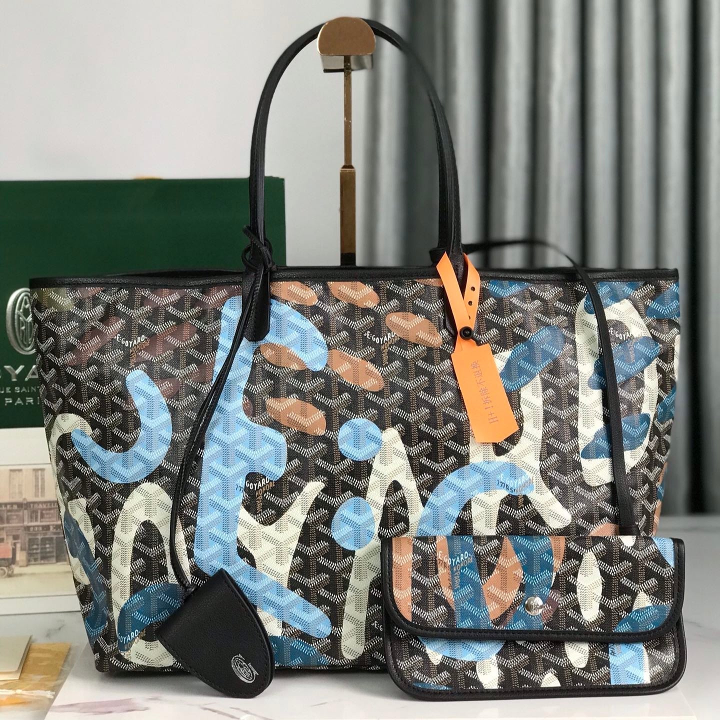 GOYARD SAINT LOUIS PM BAG 34 IN BLUE LETTRES CAMOUFLAGE GOYARDINE CANVAS