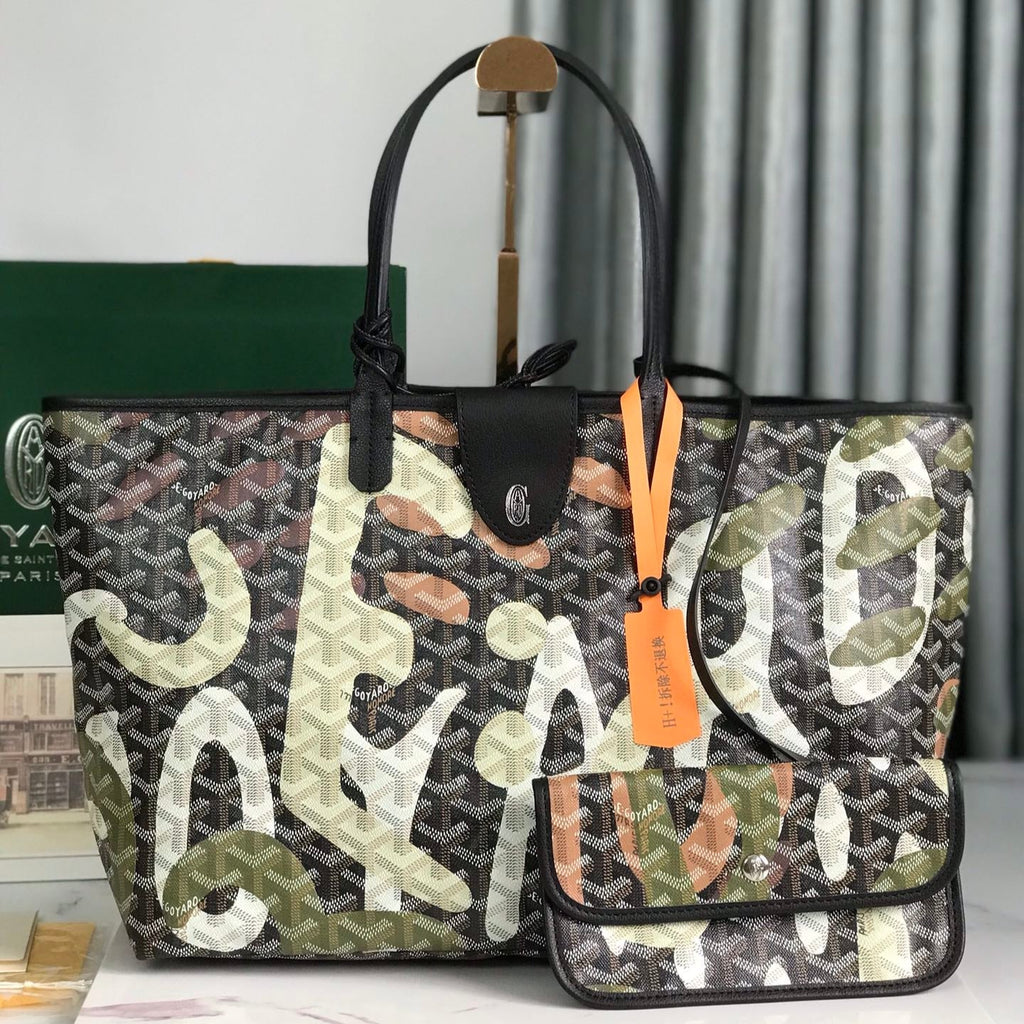 GOYARD SAINT LOUIS PM BAG 34 IN GREEN LETTRES CAMOUFLAGE GOYARDINE CANVAS