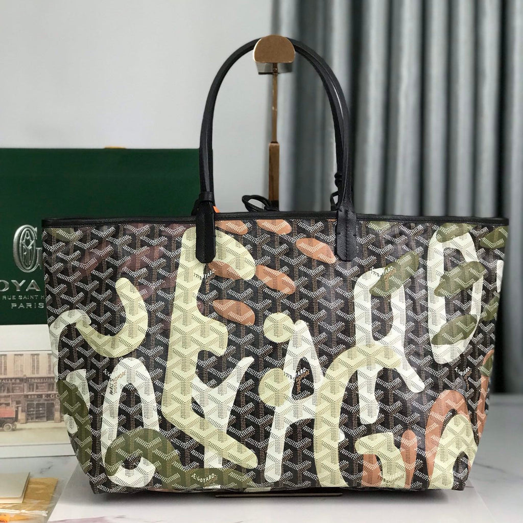 GOYARD SAINT LOUIS PM BAG 34 IN GREEN LETTRES CAMOUFLAGE GOYARDINE CANVAS