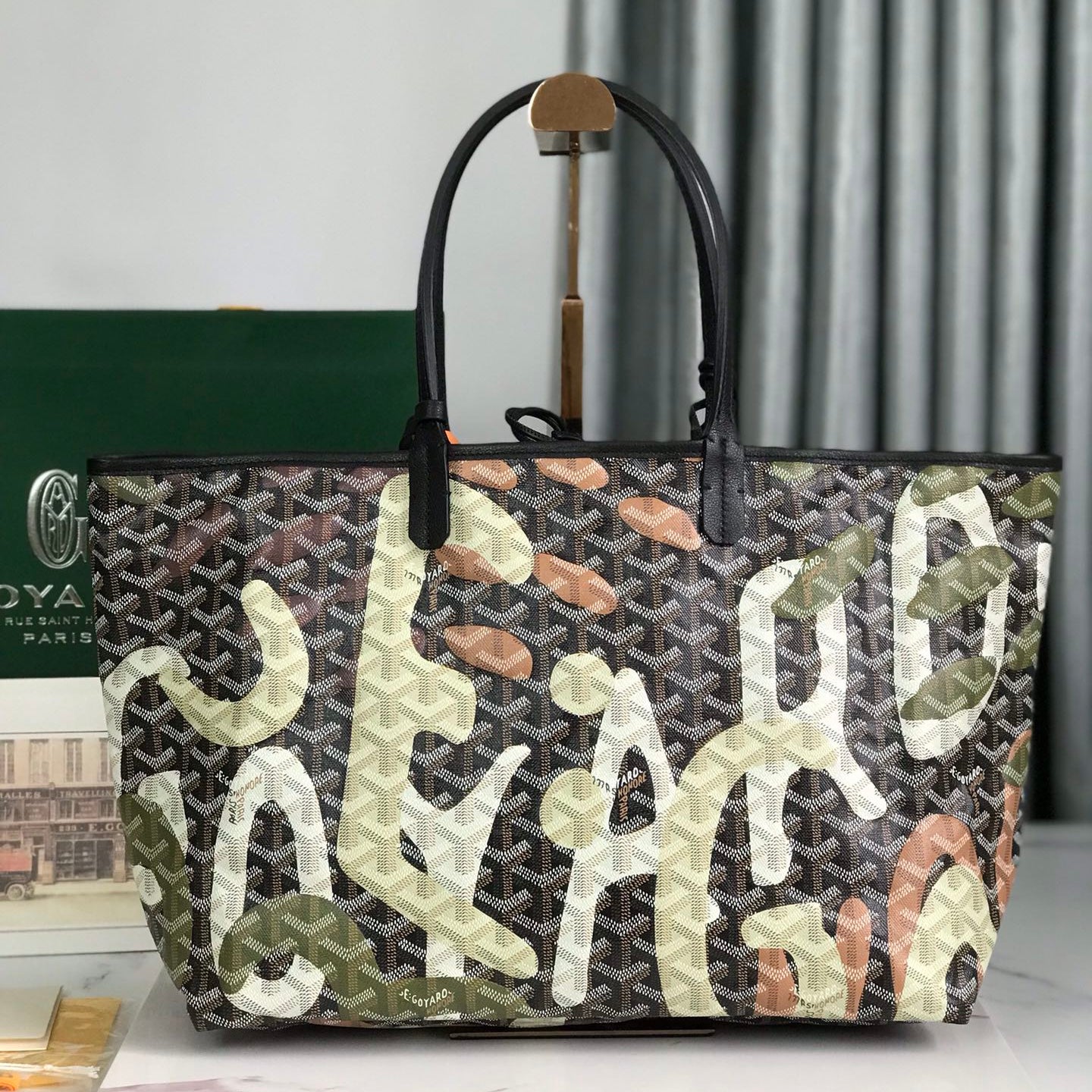 GOYARD SAINT LOUIS PM BAG 34 IN GREEN LETTRES CAMOUFLAGE GOYARDINE CANVAS