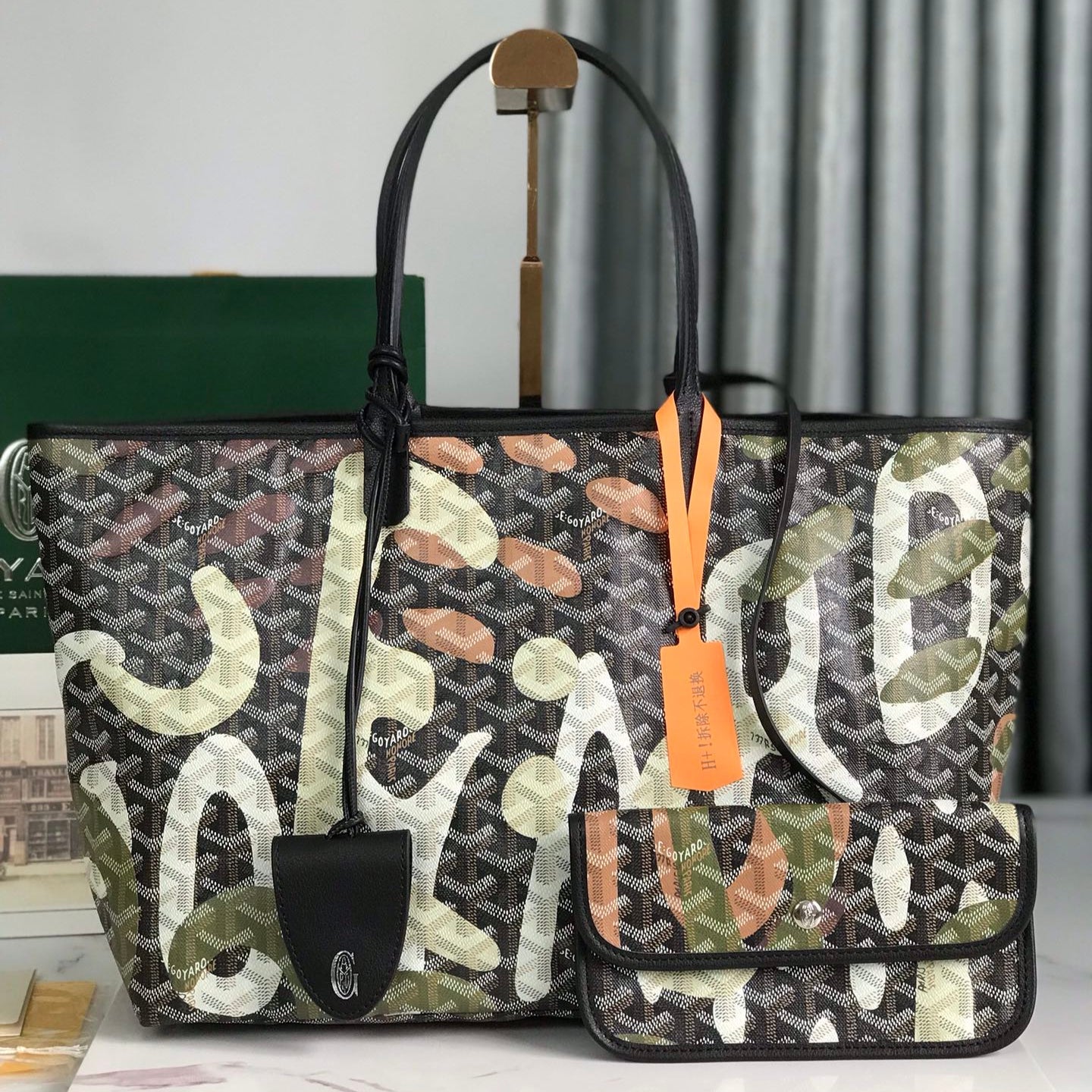 GOYARD SAINT LOUIS PM BAG 34 IN GREEN LETTRES CAMOUFLAGE GOYARDINE CANVAS