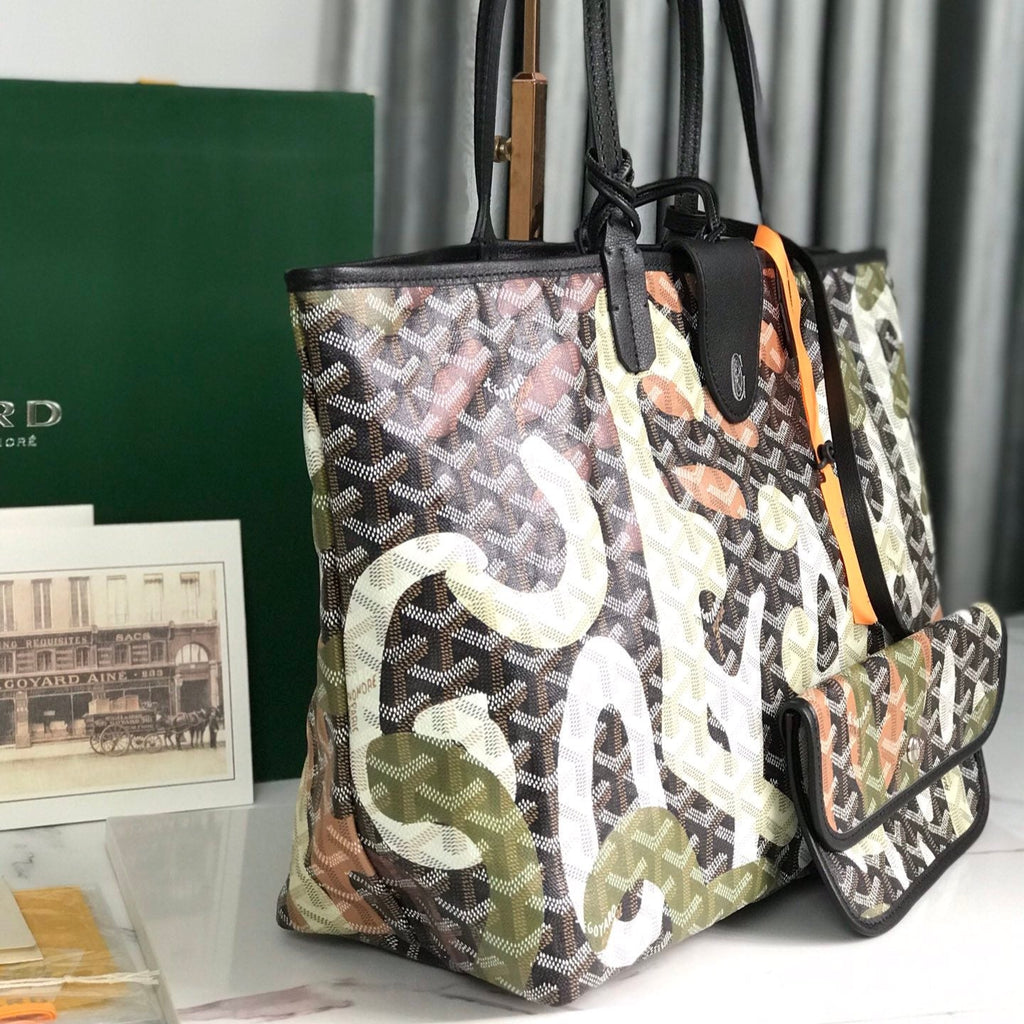 GOYARD SAINT LOUIS PM BAG 34 IN GREEN LETTRES CAMOUFLAGE GOYARDINE CANVAS