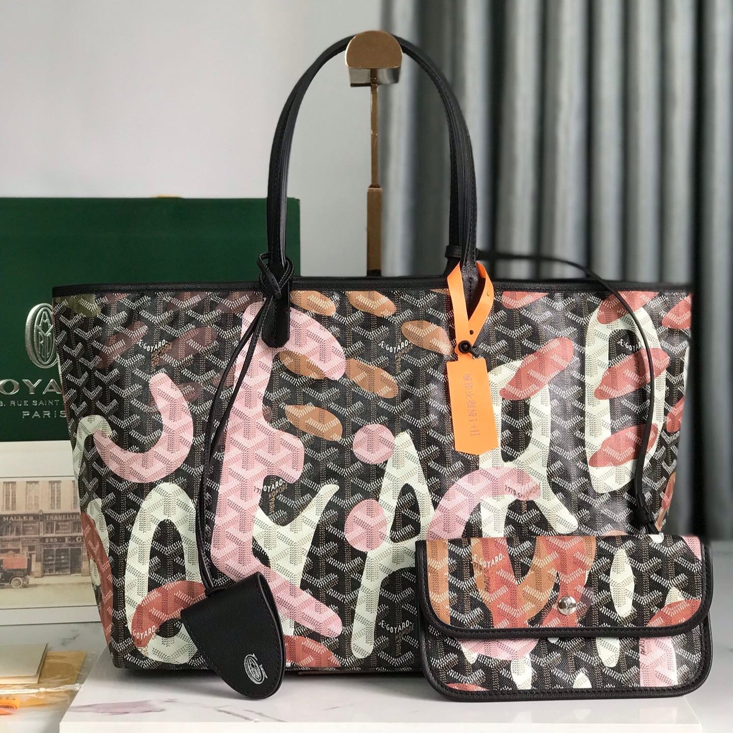 GOYARD SAINT LOUIS PM BAG 34 IN PINK LETTRES CAMOUFLAGE GOYARDINE CANVAS
