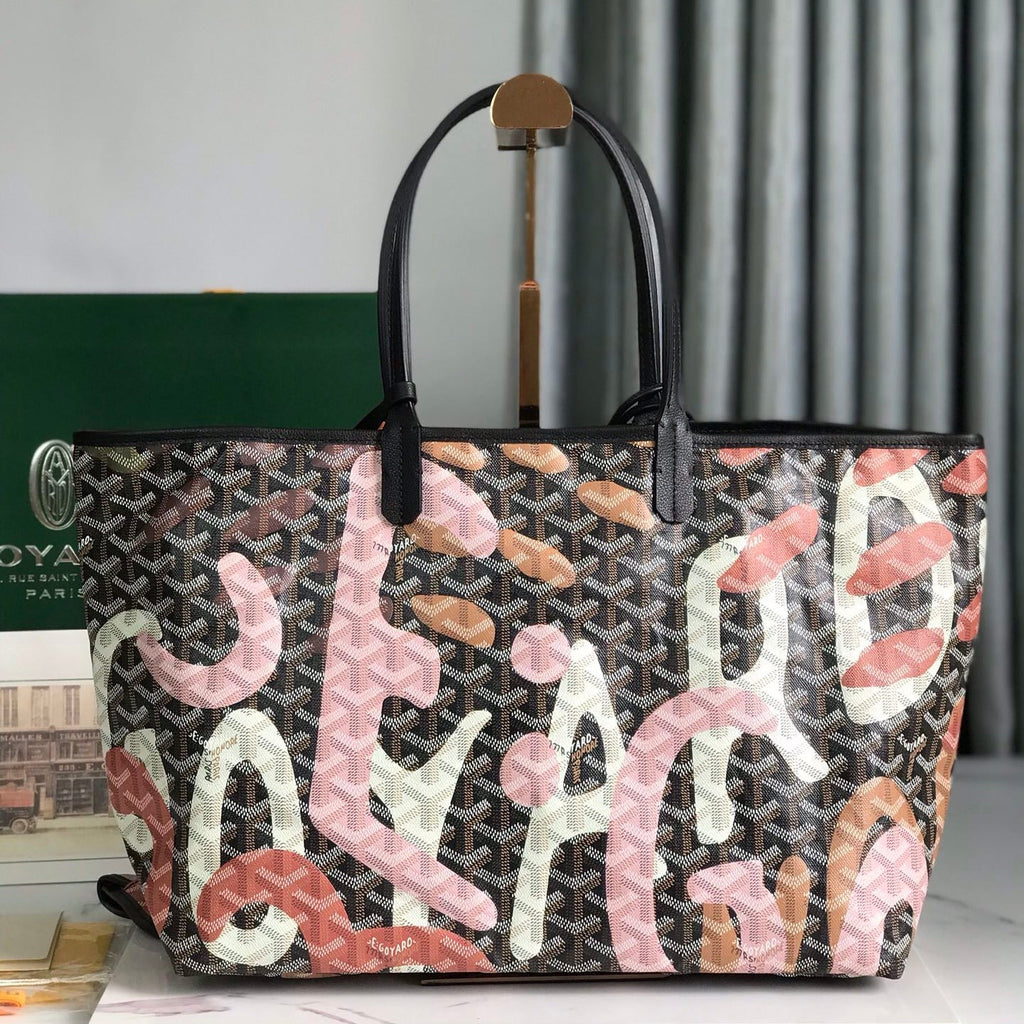 GOYARD SAINT LOUIS PM BAG 34 IN PINK LETTRES CAMOUFLAGE GOYARDINE CANVAS