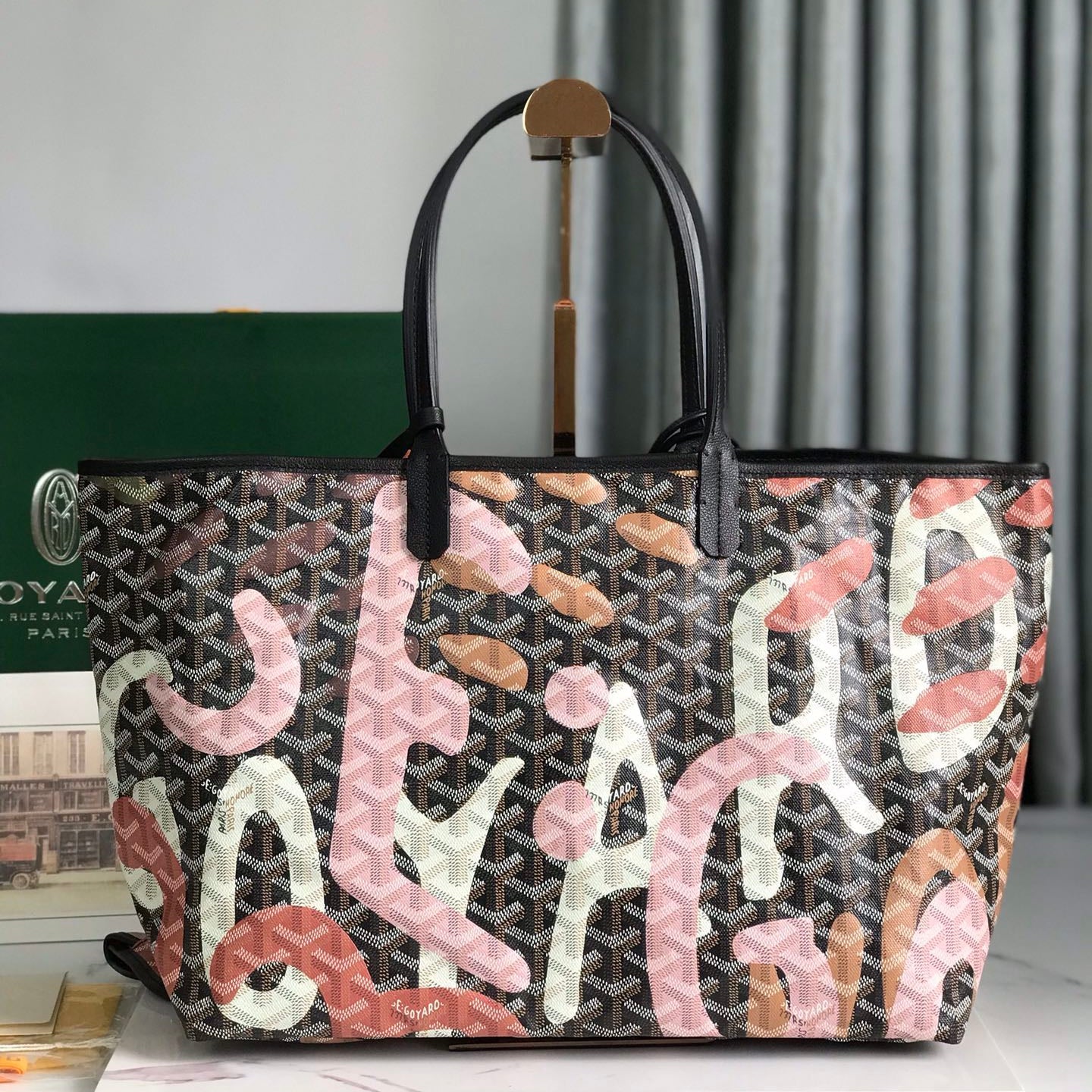 GOYARD SAINT LOUIS PM BAG 34 IN PINK LETTRES CAMOUFLAGE GOYARDINE CANVAS