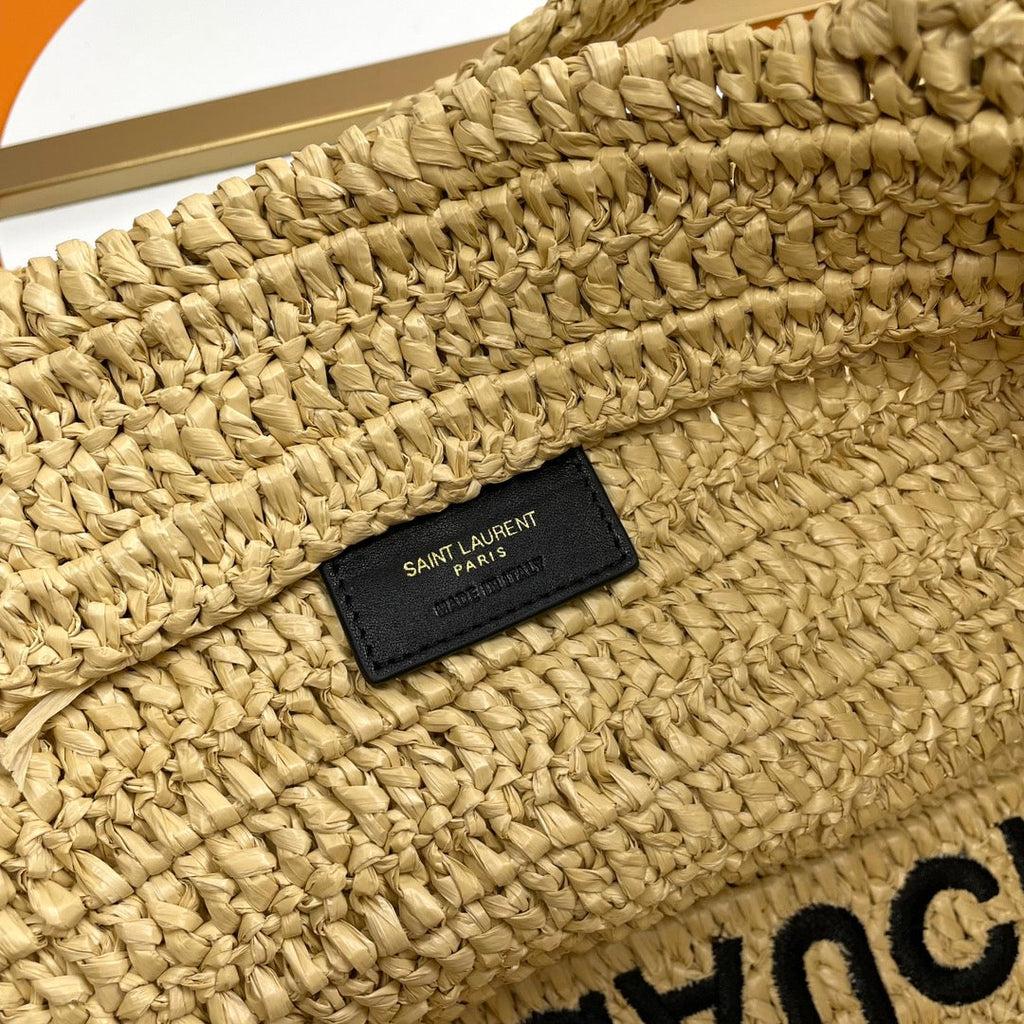 SAINT LAURENT RIVE GAUCHE TOTE BAG 38 IN LIGHT YELLOW RAFFIA