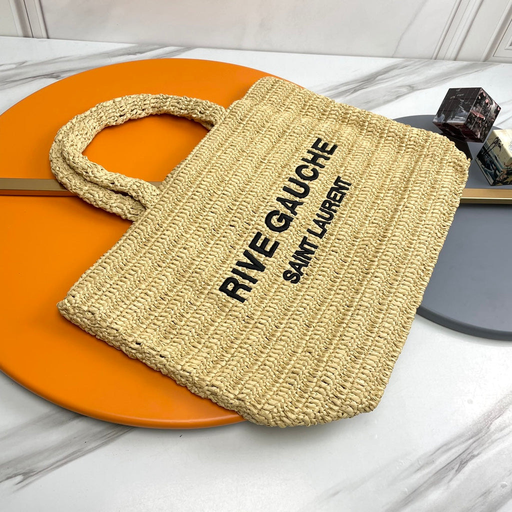 SAINT LAURENT RIVE GAUCHE TOTE BAG 38 IN LIGHT YELLOW RAFFIA