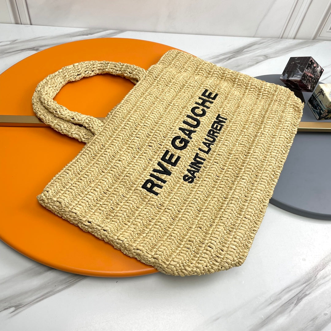 SAINT LAURENT RIVE GAUCHE TOTE BAG 38 IN LIGHT YELLOW RAFFIA