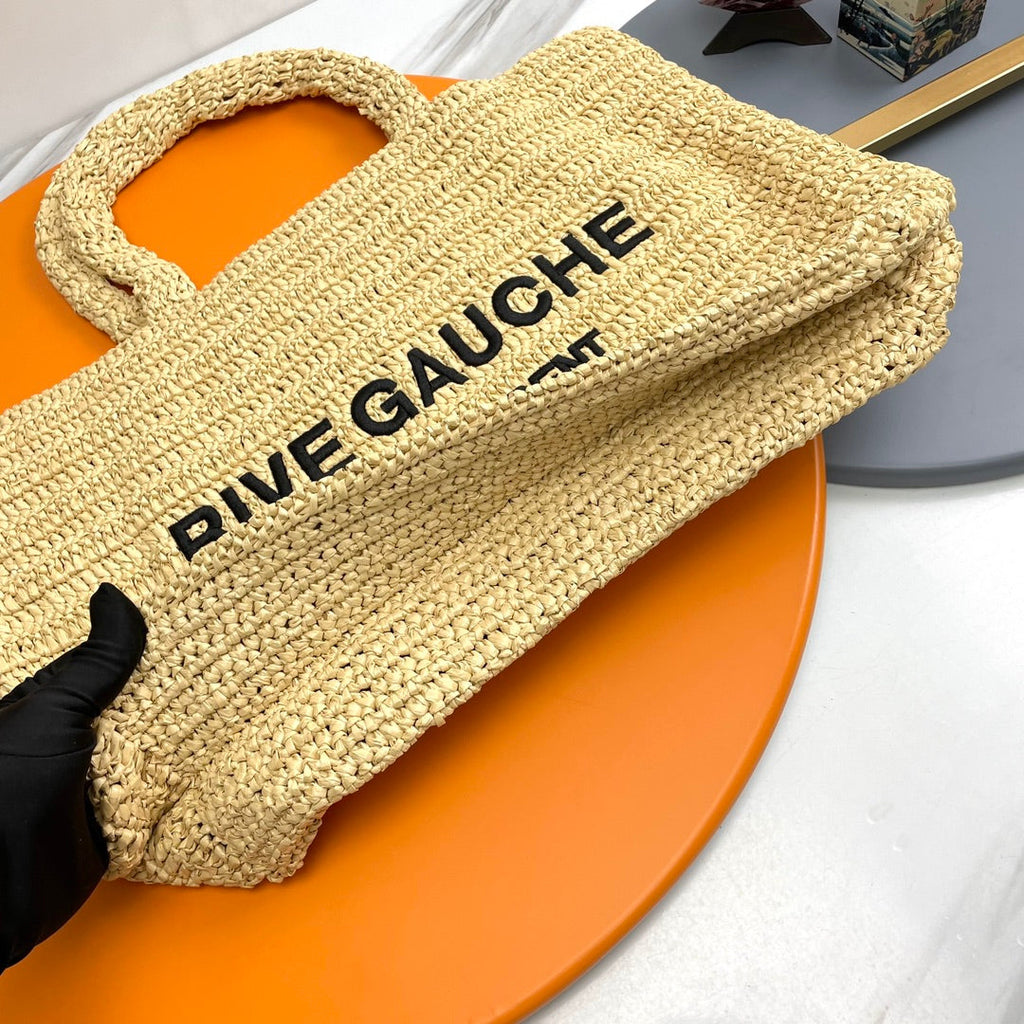 SAINT LAURENT RIVE GAUCHE TOTE BAG 38 IN LIGHT YELLOW RAFFIA