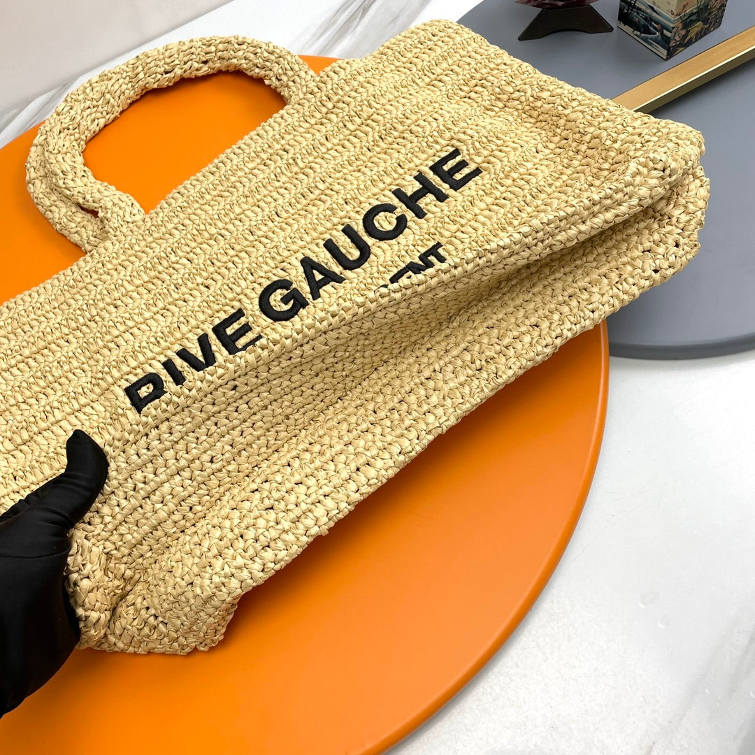SAINT LAURENT RIVE GAUCHE TOTE BAG 38 IN LIGHT YELLOW RAFFIA