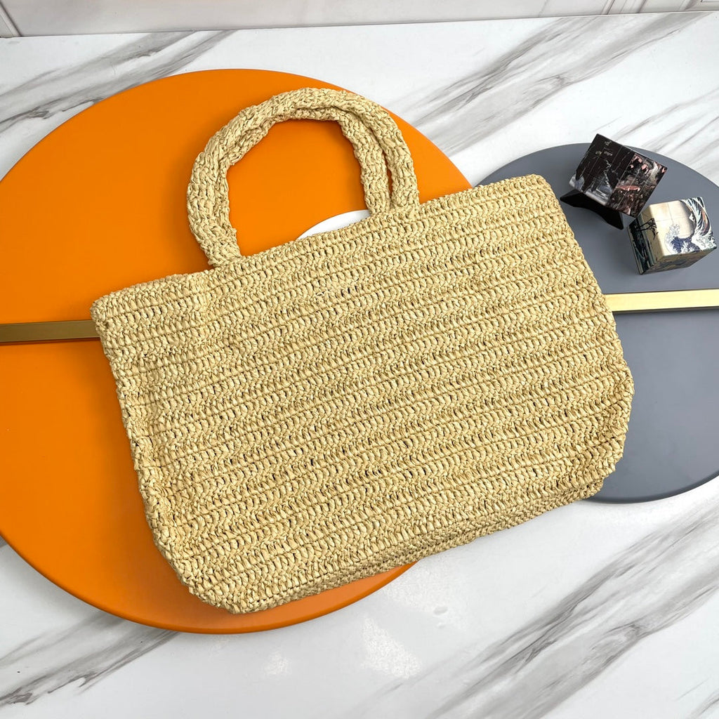 SAINT LAURENT RIVE GAUCHE TOTE BAG 38 IN LIGHT YELLOW RAFFIA