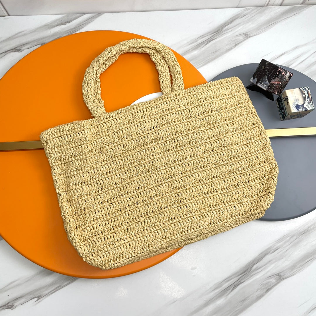 SAINT LAURENT RIVE GAUCHE TOTE BAG 38 IN LIGHT YELLOW RAFFIA