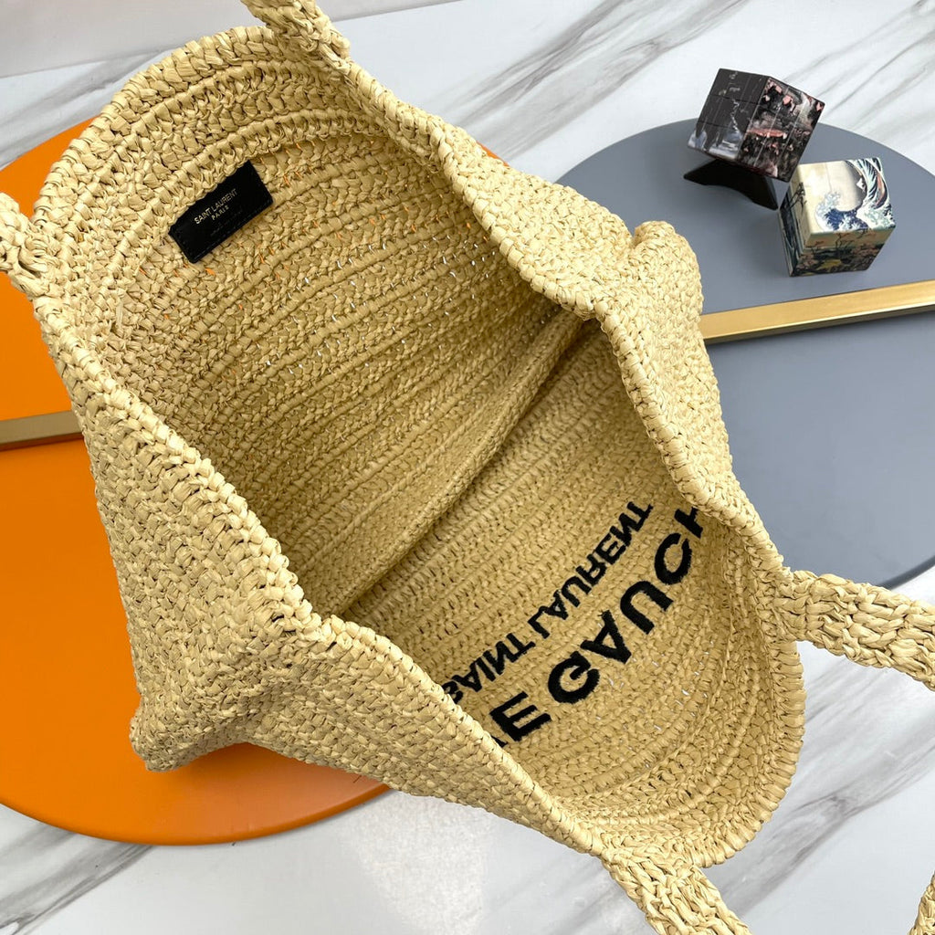 SAINT LAURENT RIVE GAUCHE TOTE BAG 38 IN LIGHT YELLOW RAFFIA