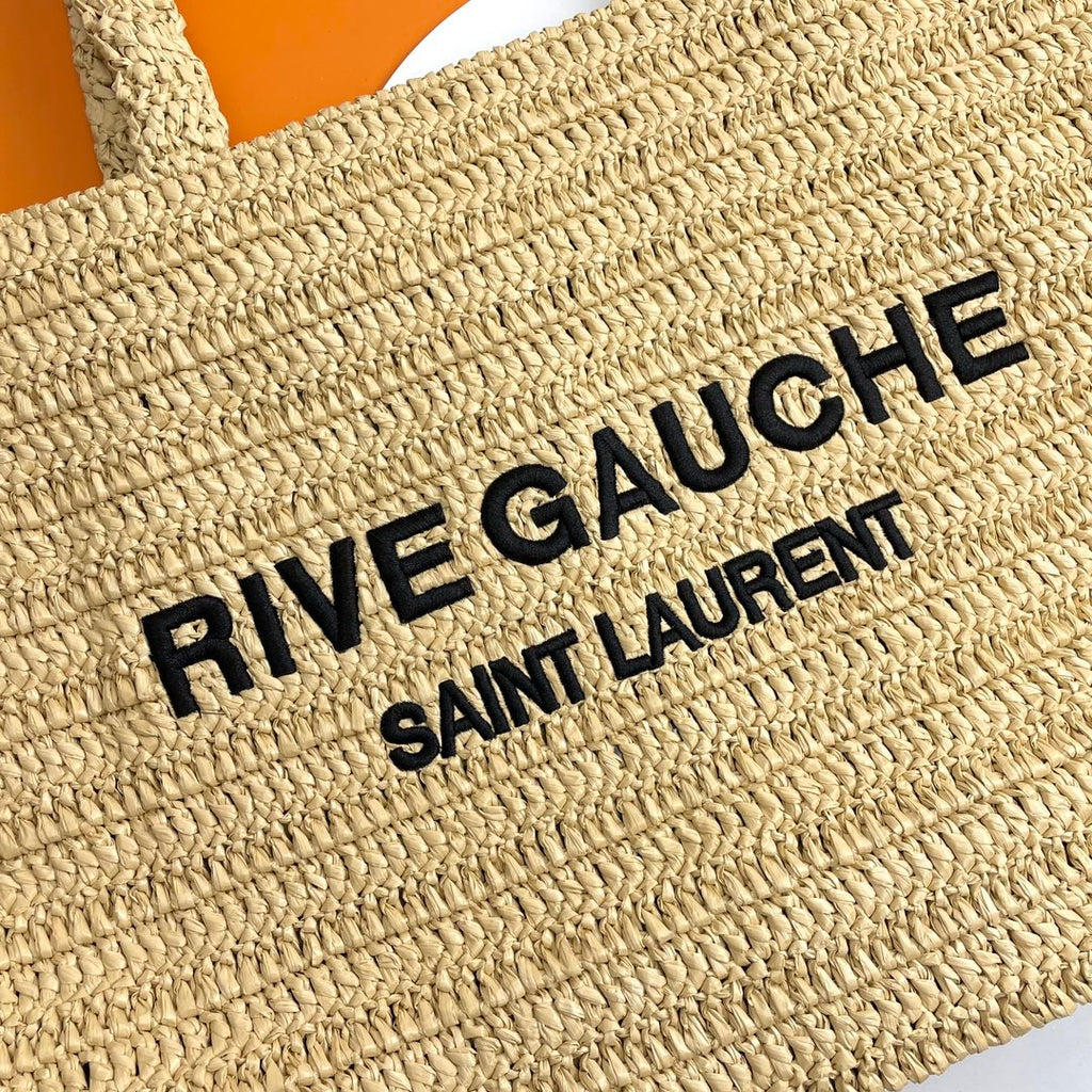 SAINT LAURENT RIVE GAUCHE TOTE BAG 38 IN LIGHT YELLOW RAFFIA