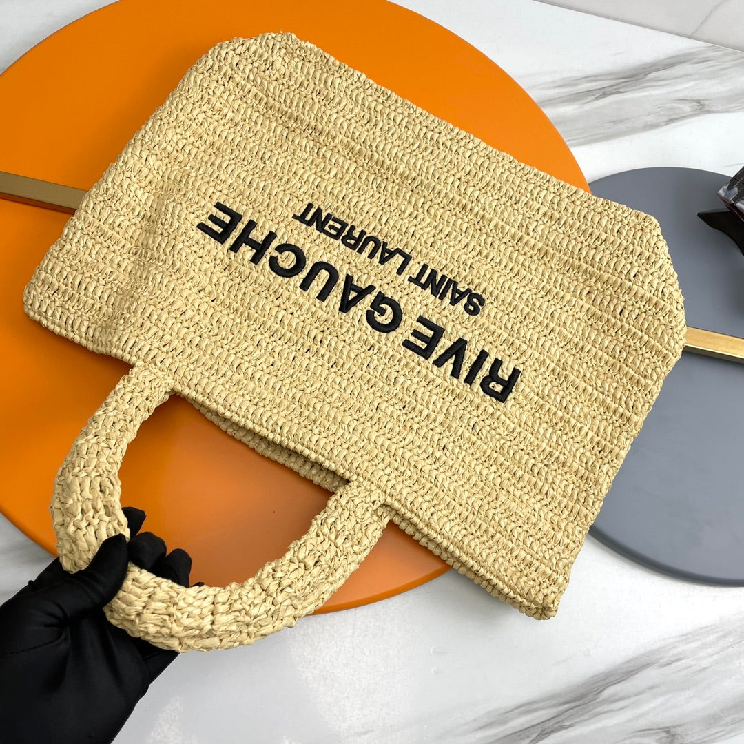 SAINT LAURENT RIVE GAUCHE TOTE BAG 38 IN LIGHT YELLOW RAFFIA