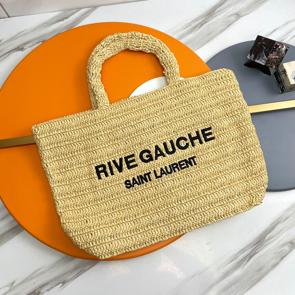 SAINT LAURENT RIVE GAUCHE TOTE BAG 38 IN LIGHT YELLOW RAFFIA