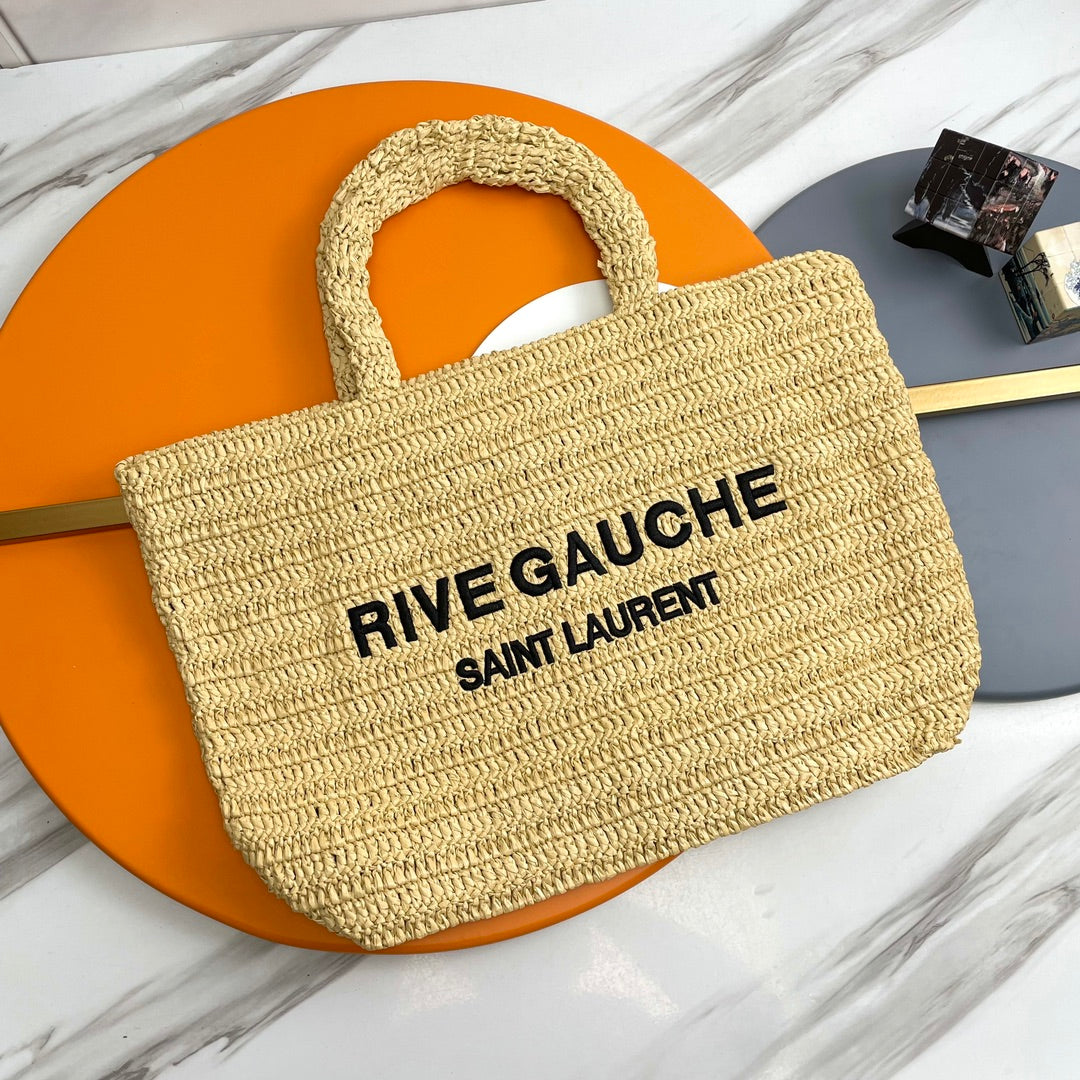 SAINT LAURENT RIVE GAUCHE TOTE BAG 38 IN LIGHT YELLOW RAFFIA