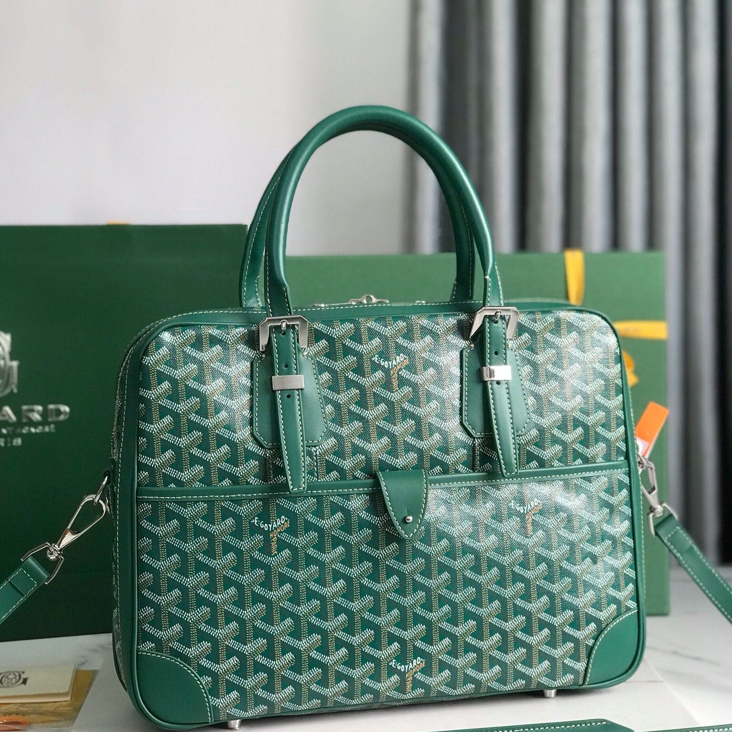 GOYARD AMBASSADE DOCUMENT CASE 35 IN GREEN GOYARDINE CANVAS