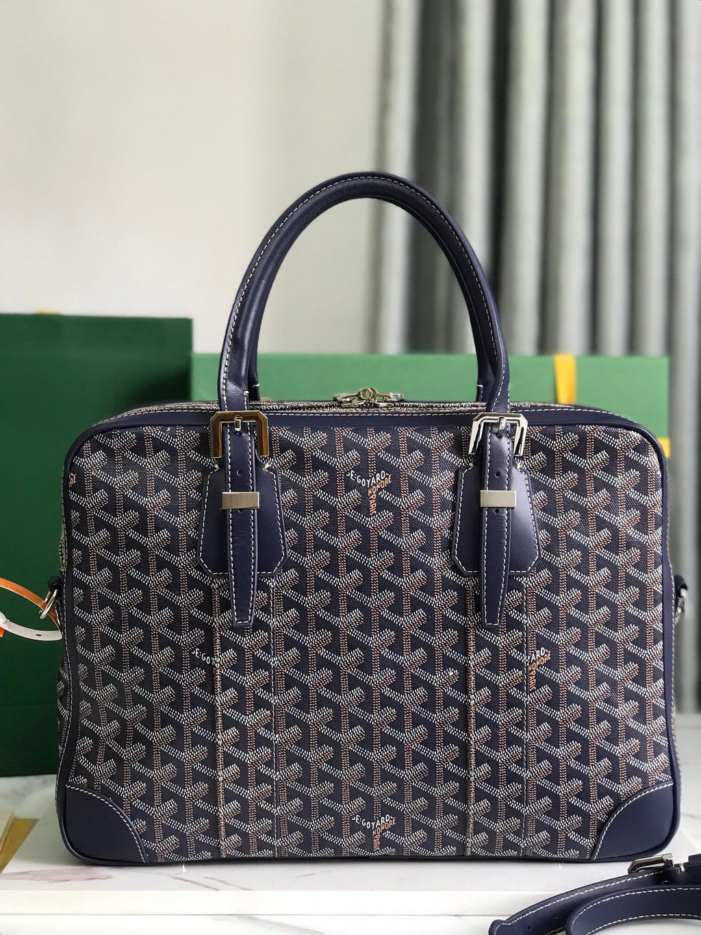 GOYARD AMBASSADE DOCUMENT CASE 35 IN NAVY BLUE GOYARDINE CANVAS
