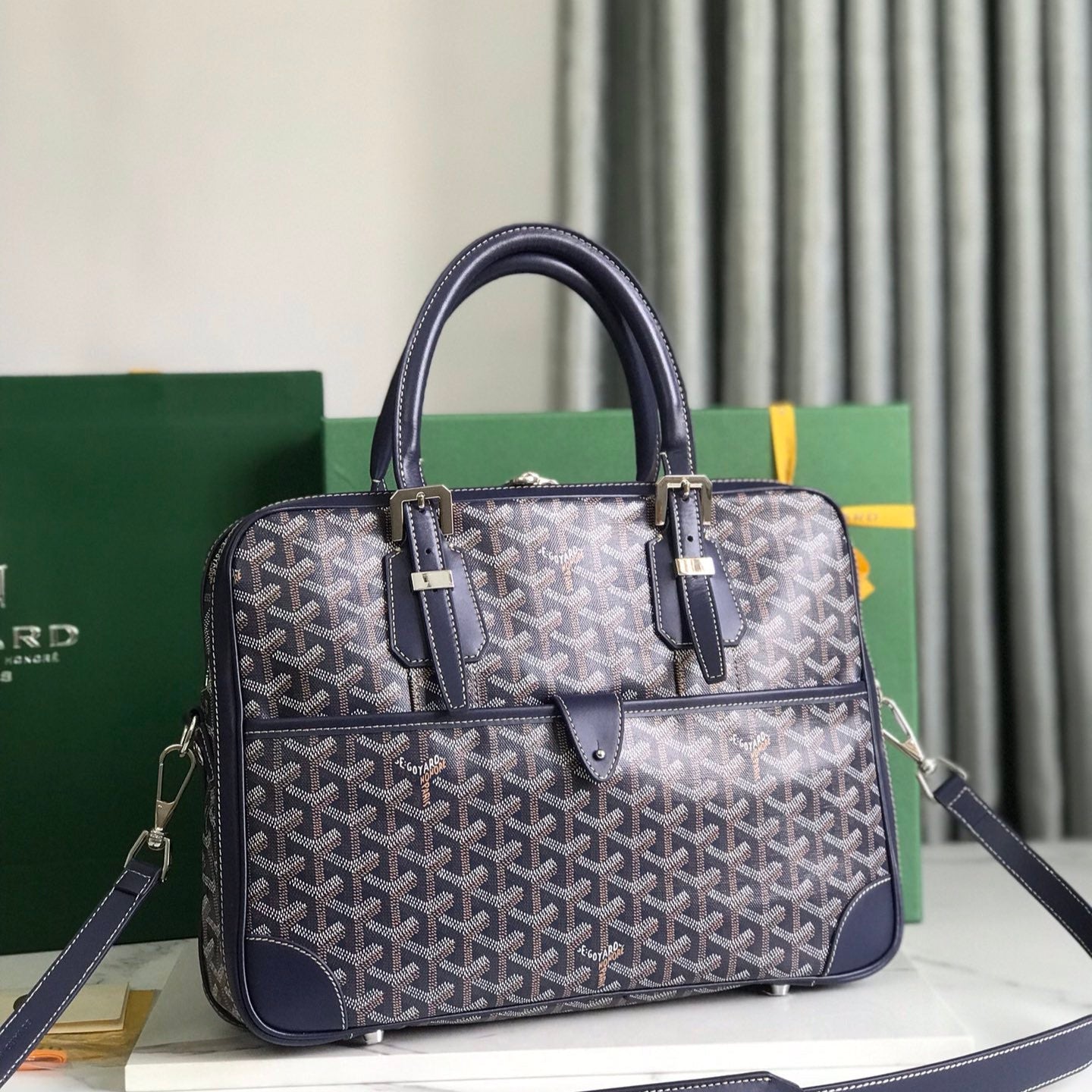 GOYARD AMBASSADE DOCUMENT CASE 35 IN NAVY BLUE GOYARDINE CANVAS