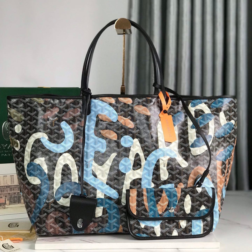 GOYARD SAINT LOUIS GM BAG 40 IN BLUE LETTRES CAMOUFLAGE GOYARDINE CANVAS