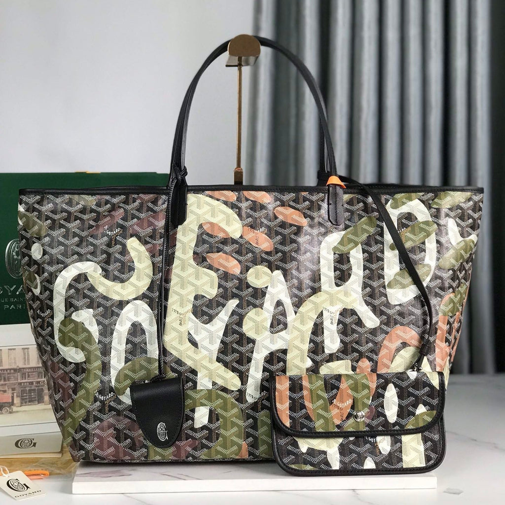 GOYARD SAINT LOUIS GM BAG 40 IN GREEN LETTRES CAMOUFLAGE GOYARDINE CANVAS