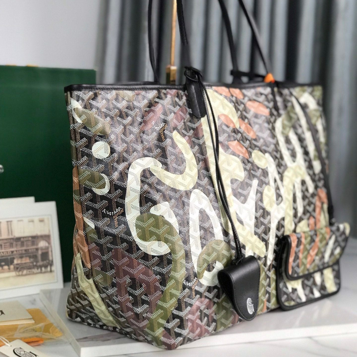 GOYARD SAINT LOUIS GM BAG 40 IN GREEN LETTRES CAMOUFLAGE GOYARDINE CANVAS