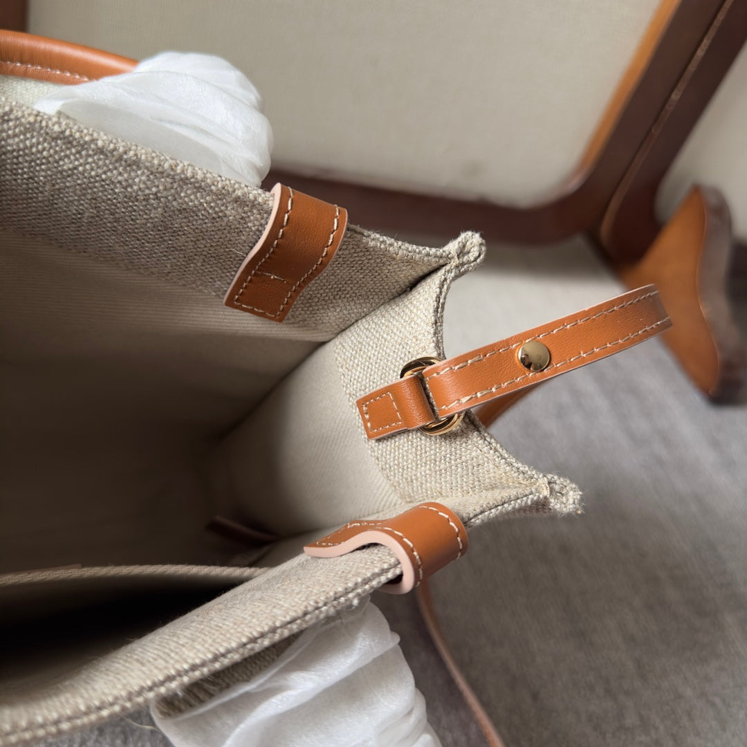 CHLOE SMALL WOODY TOTE BAG 26.5 IN BEIGE LINEN CANVAS WEBBING LOGO EMBROIDERY BROWN CALFSKIN