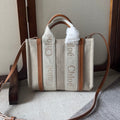 CHLOE SMALL WOODY TOTE BAG 26.5 IN BEIGE LINEN CANVAS WEBBING LOGO EMBROIDERY BROWN CALFSKIN