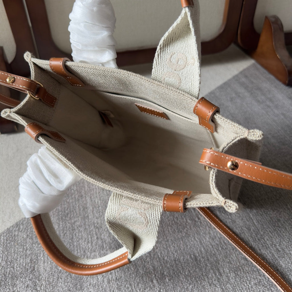 CHLOE SMALL WOODY TOTE BAG 26.5 IN BEIGE LINEN CANVAS WEBBING LOGO EMBROIDERY BROWN CALFSKIN