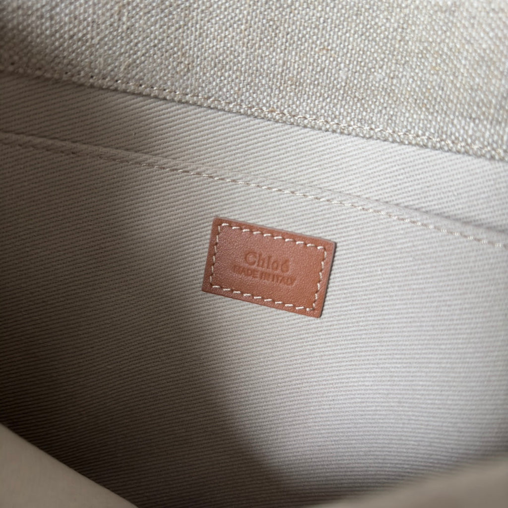 CHLOE MEDIUM WOODY TOTE BAG 37 IN BEIGE LINEN CANVAS WEBBING LOGO EMBROIDERY BROWN CALFSKIN